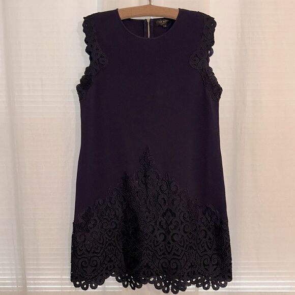 Ted Baker L Navy Lucia Knit Sleeveless Lace Trim Back Zip Shift Dress - Picture 4 of 15
